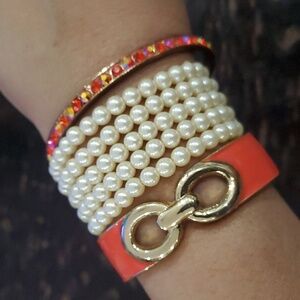 BUNDLE BRACELETS FASHION STRETCH PEARLS, ORANGE CUFF, BANGLE